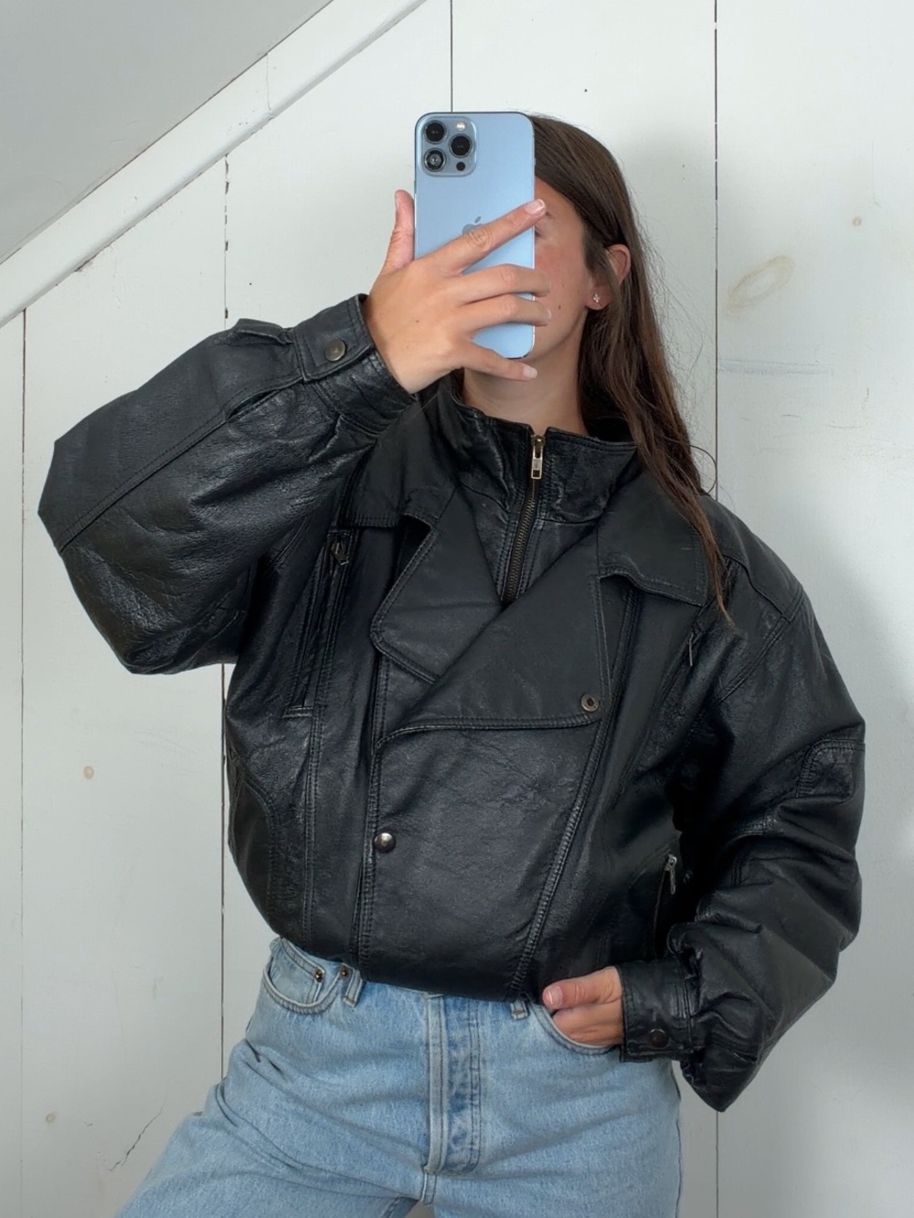 Vintage Black Genuine Leather Bomber Jacket Men’s Medium Funnel Neck 90s Y2K
